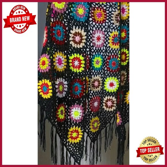 Handmade Crochet Fringed Poncho Cape Shawl Wrap 55x25in Acrylic - Picture 8 of 8